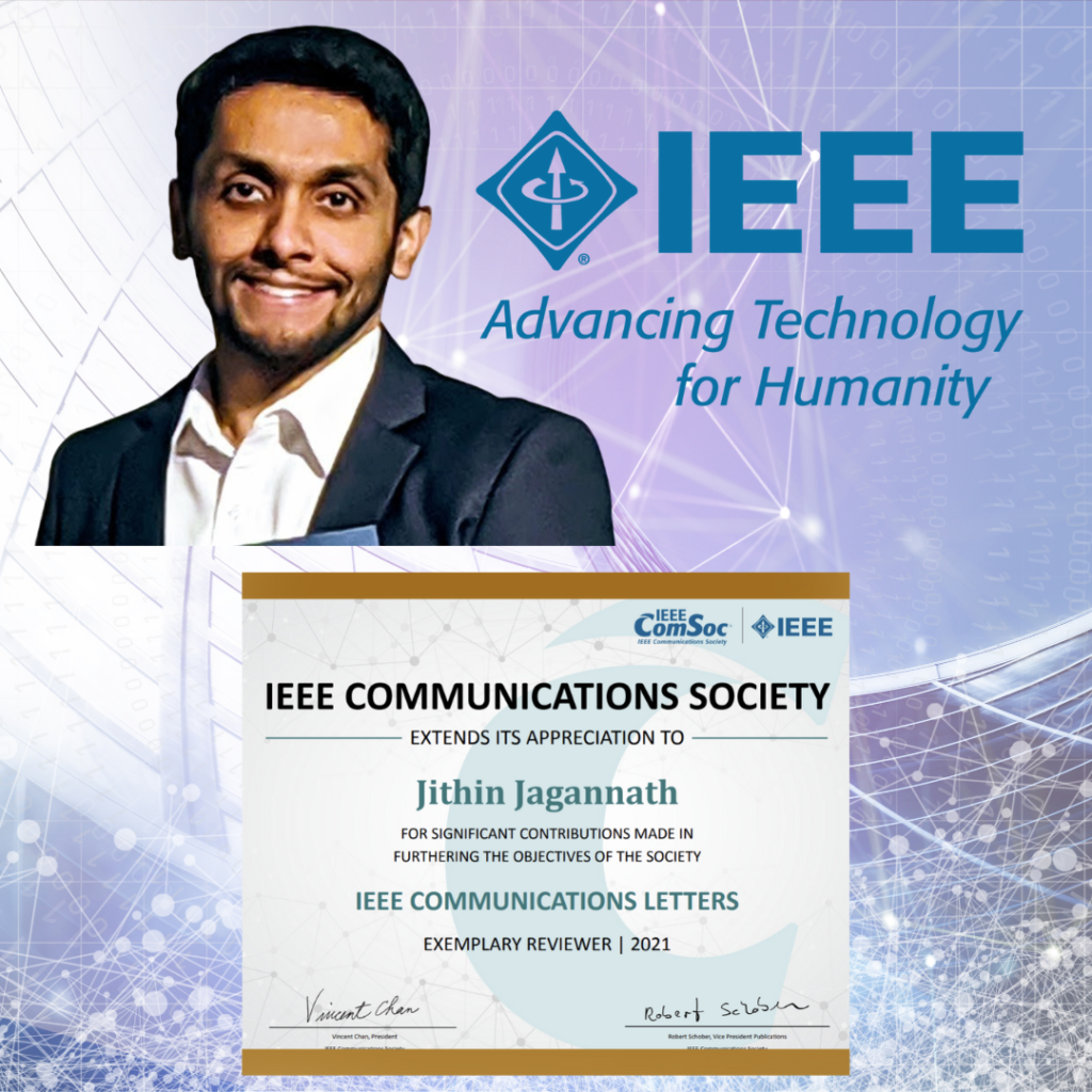 Dr. Jithin Jagannath Acknowledged as Exemplary Reviewer of the IEEE Communications Letters